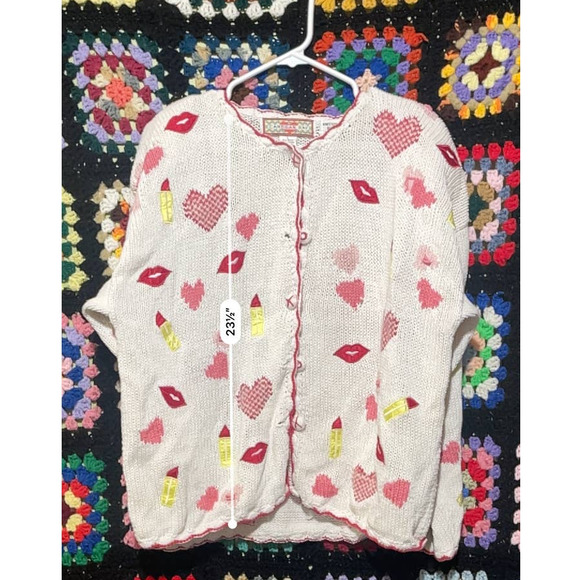 Vintage Valentines Cardigan Bay Hand Knit Cardigan Hearts Lips Applique Large - Picture 5 of 5